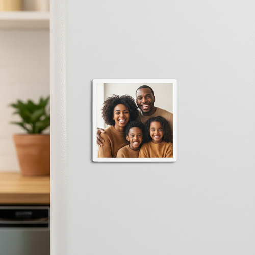 2x2 custom photo magnet featuring a happy Black family on a refrigerator