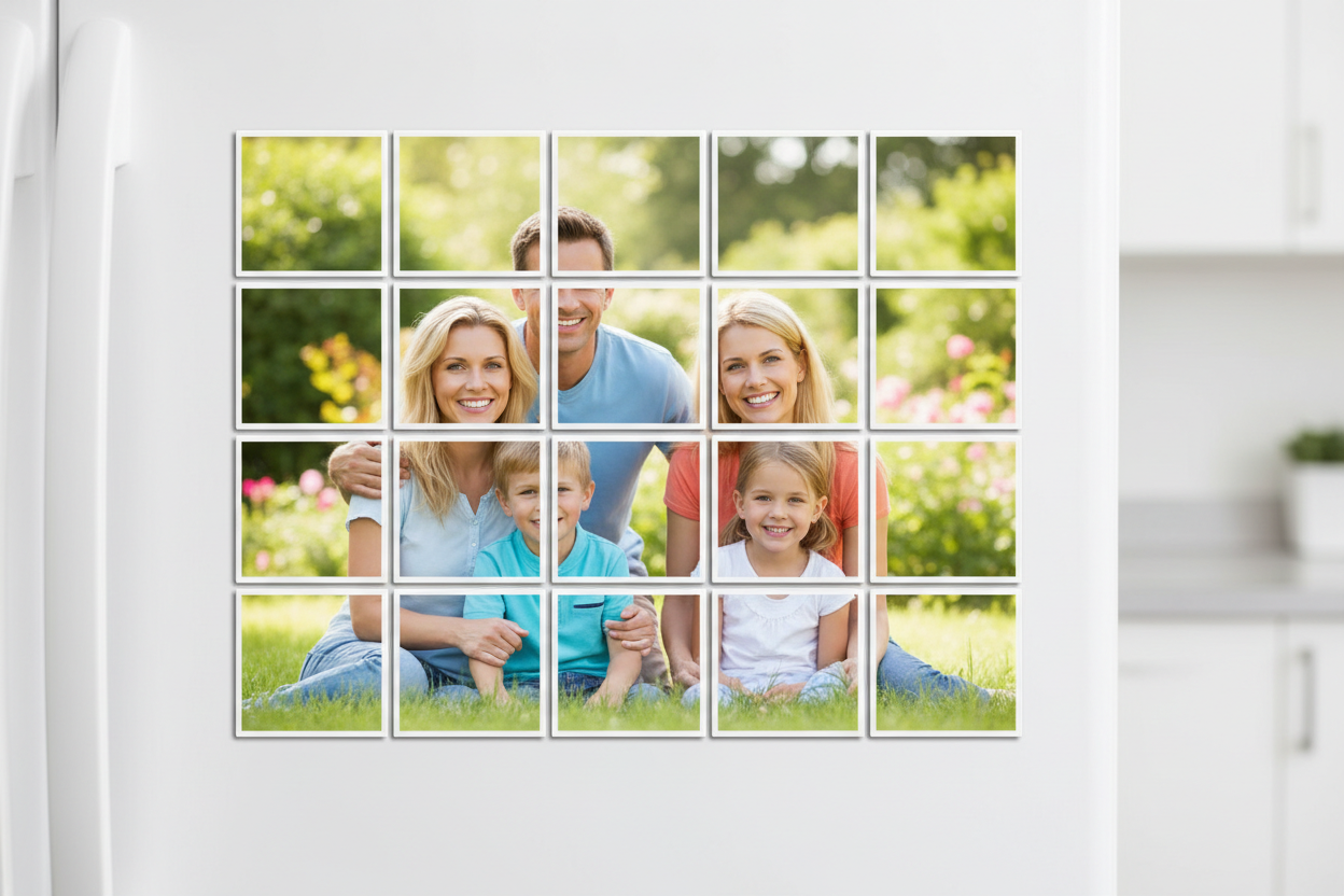 20 square photo magnets arranged in a 5x4 grid forming a complete family portrait