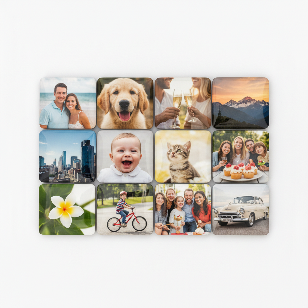Set of 12 custom 2x2 inch photo magnets arranged in a grid