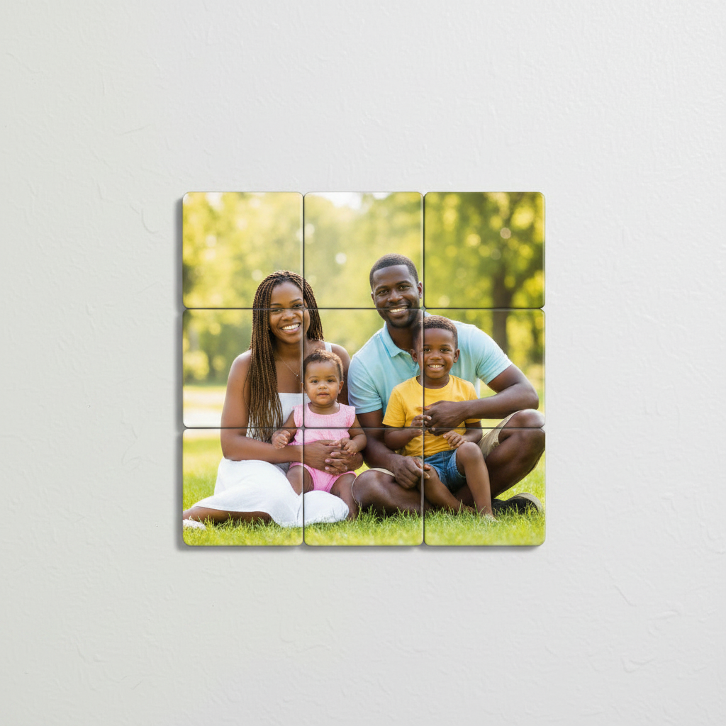9-piece custom photo puzzle magnet set showing one family portrait split across nine 2x2 square magnets arranged in a 3x3 grid on a refrigerator