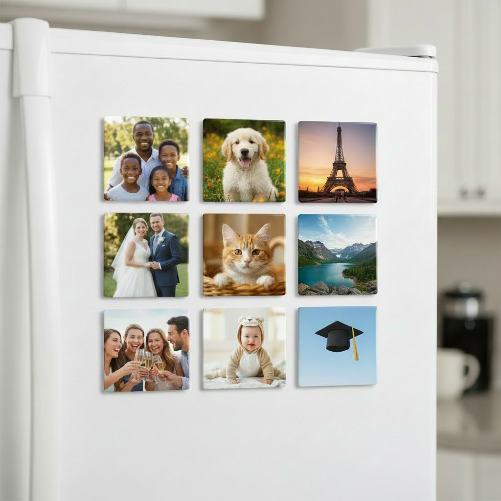 Set of 9 individual custom 2x2 square photo magnets each showing a different photo arranged on a refrigerator